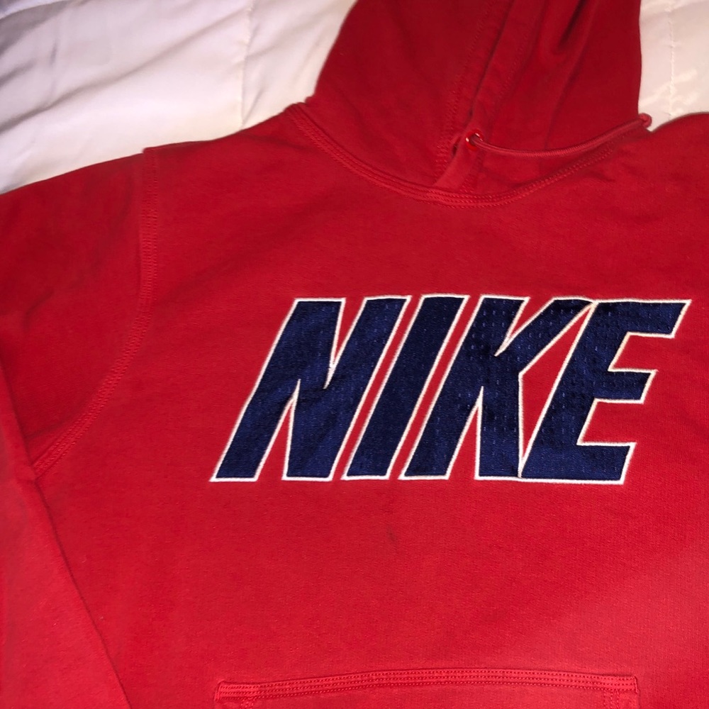 Red Nike Hoodie with Blue Embroidered Letters